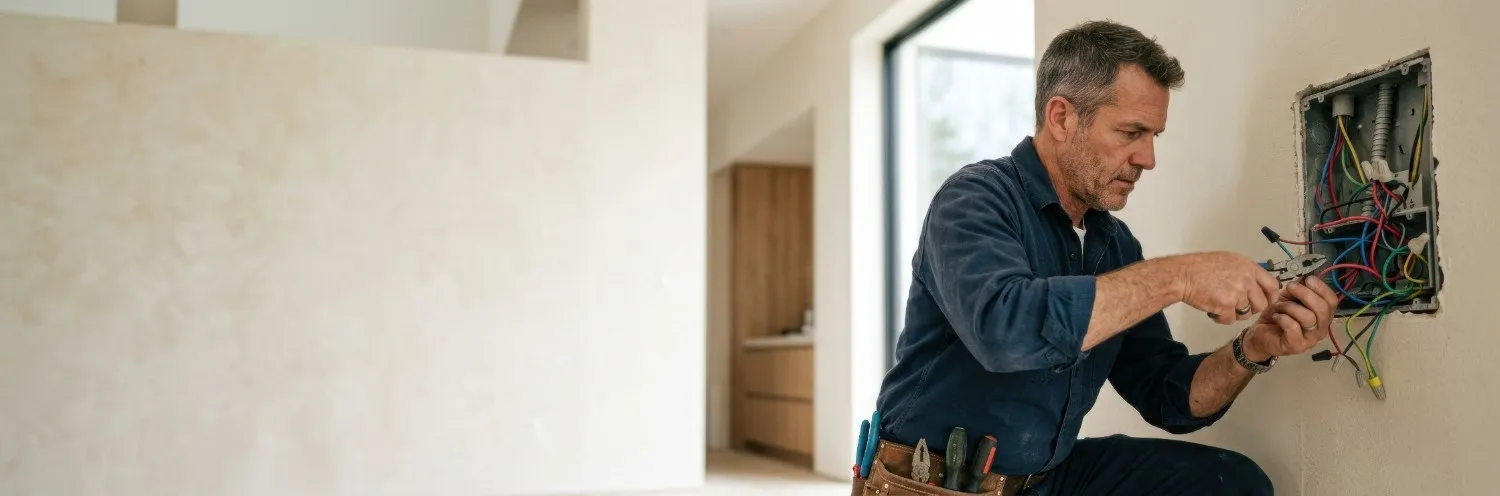 Electrician working on wires in an open wall box